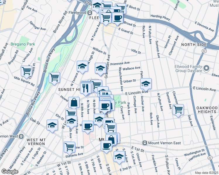 map of restaurants, bars, coffee shops, grocery stores, and more near 323 Gramatan Avenue in Mount Vernon