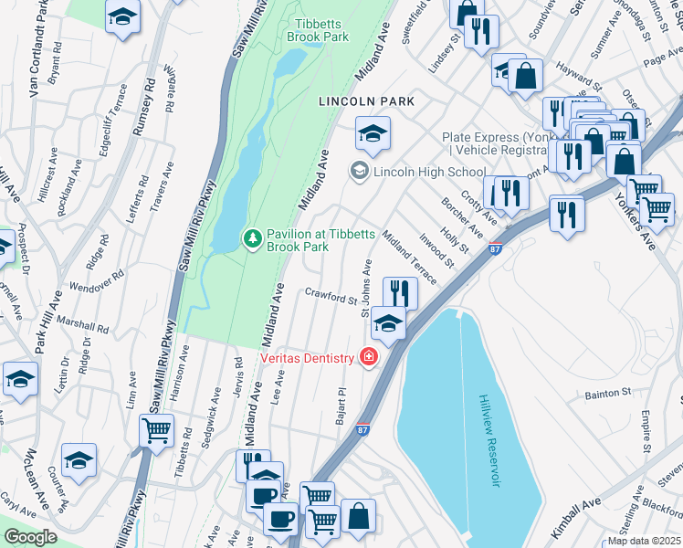 map of restaurants, bars, coffee shops, grocery stores, and more near 262 Kneeland Avenue in Yonkers
