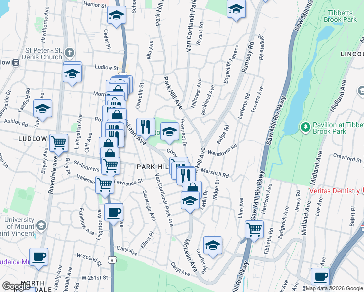map of restaurants, bars, coffee shops, grocery stores, and more near 52 Prospect Drive in Yonkers