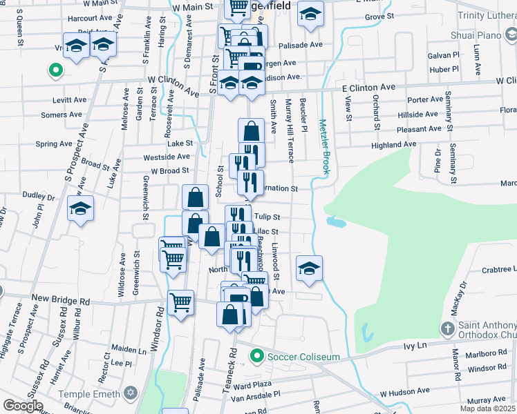 map of restaurants, bars, coffee shops, grocery stores, and more near 10 Magnolia Street in Bergenfield