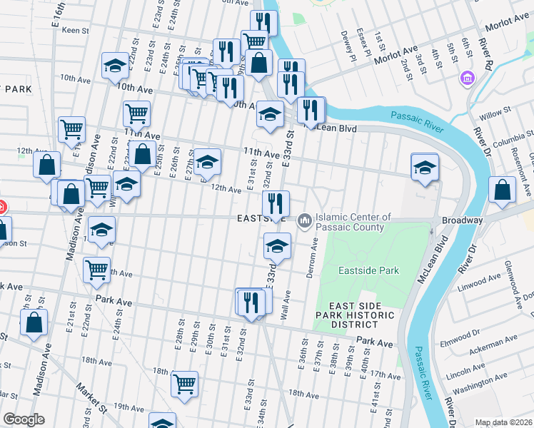 map of restaurants, bars, coffee shops, grocery stores, and more near 729 Doctor Martin Luther King Junior Way in Paterson