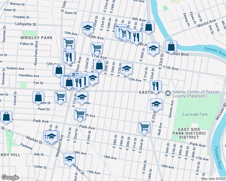 map of restaurants, bars, coffee shops, grocery stores, and more near 599 Doctor Martin Luther King Junior Way in Paterson