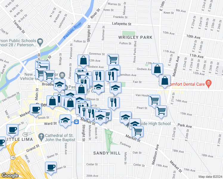 map of restaurants, bars, coffee shops, grocery stores, and more near 276 Doctor Martin Luther King Junior Way in Paterson