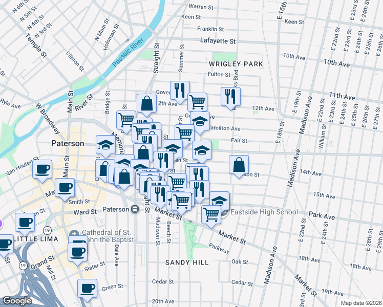 map of restaurants, bars, coffee shops, grocery stores, and more near 276 Doctor Martin Luther King Junior Way in Paterson