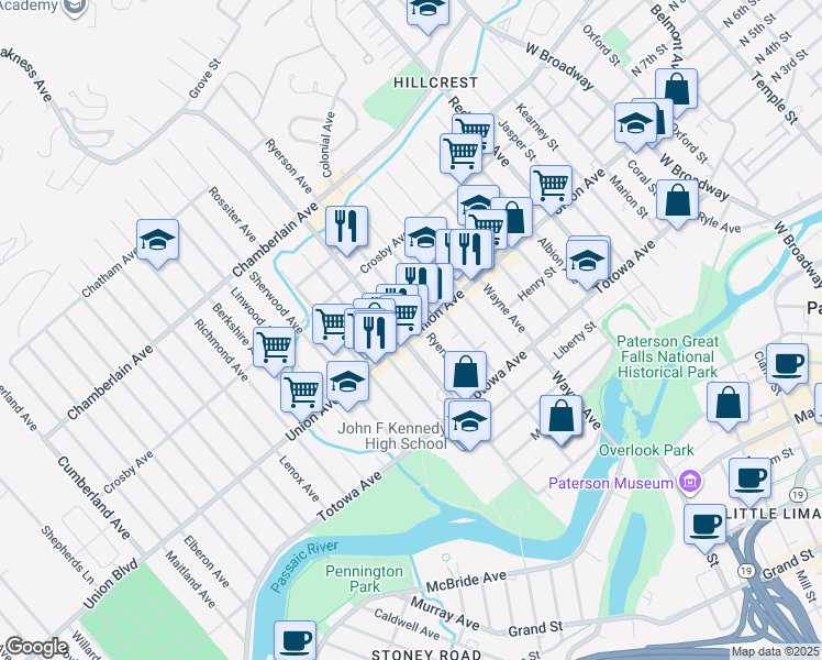 map of restaurants, bars, coffee shops, grocery stores, and more near 289 Union Avenue in Paterson