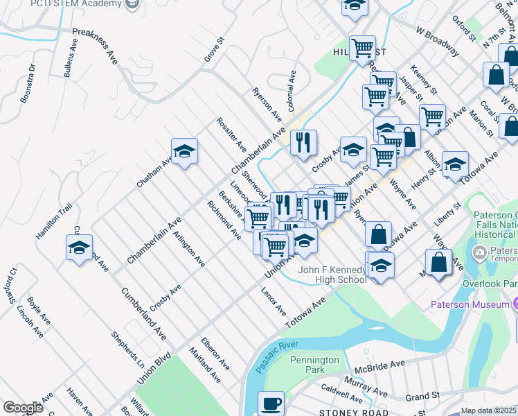 map of restaurants, bars, coffee shops, grocery stores, and more near 215 Crosby Avenue in Paterson