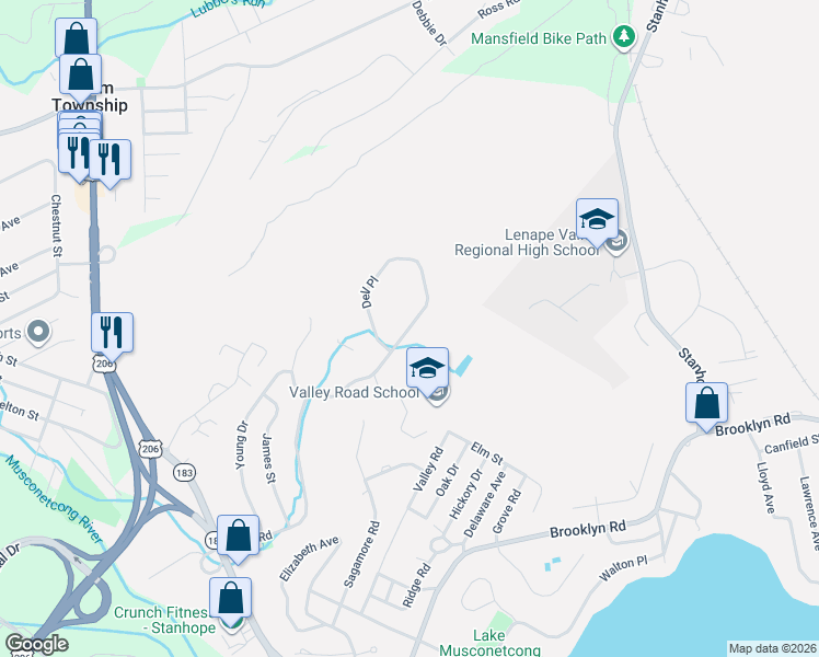 map of restaurants, bars, coffee shops, grocery stores, and more near 18341 Dell Place in Stanhope