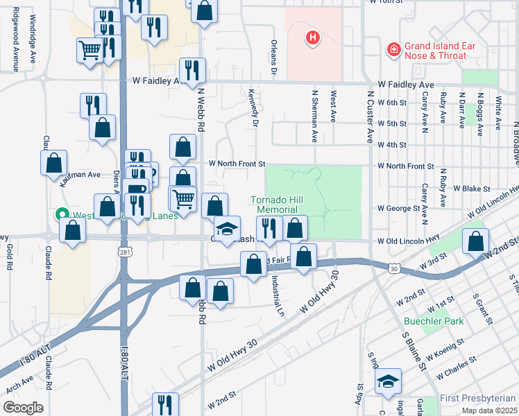 map of restaurants, bars, coffee shops, grocery stores, and more near 204 Piper Street in Grand Island