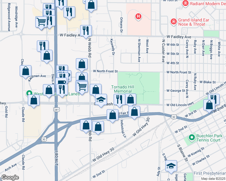 map of restaurants, bars, coffee shops, grocery stores, and more near 204 Piper Street in Grand Island