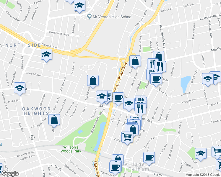 map of restaurants, bars, coffee shops, grocery stores, and more near 62 Hutchinson Boulevard in Mount Vernon
