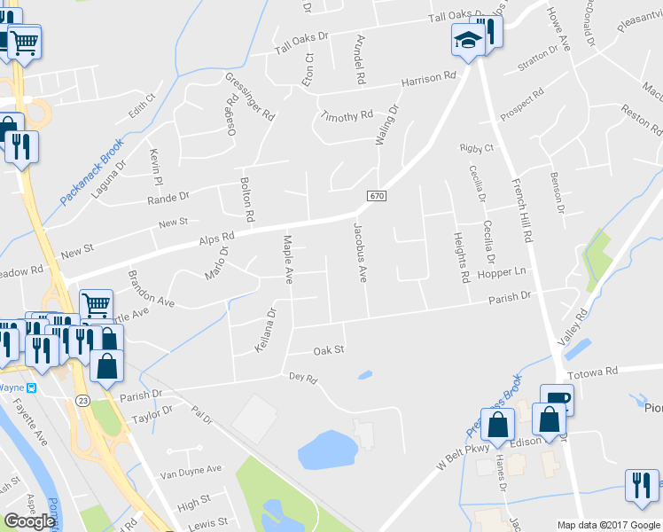map of restaurants, bars, coffee shops, grocery stores, and more near 32 Grieves Terrace in Wayne