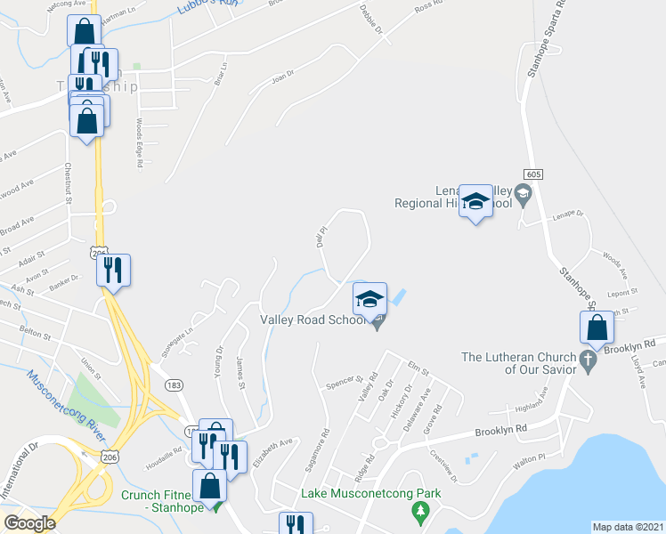map of restaurants, bars, coffee shops, grocery stores, and more near 19360 Dell Place in Stanhope