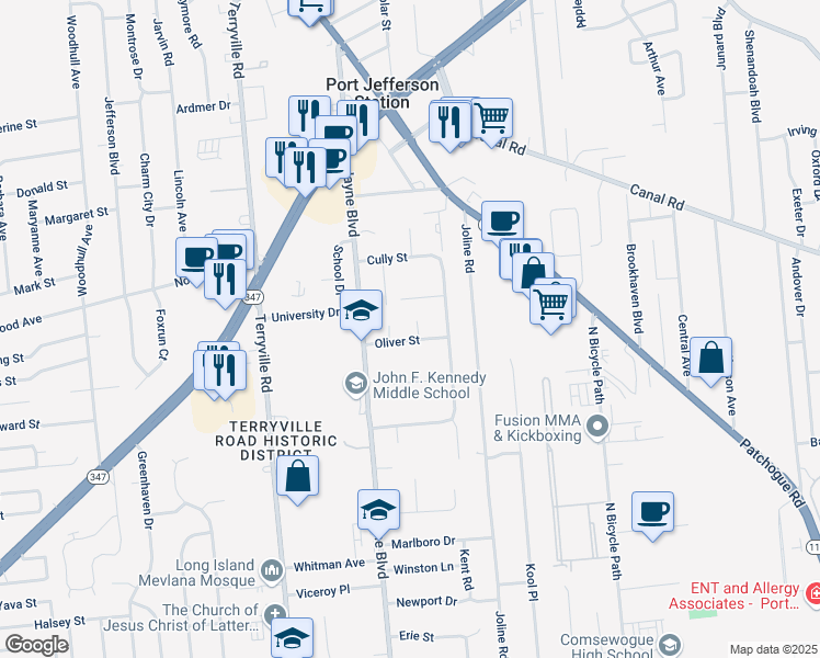 map of restaurants, bars, coffee shops, grocery stores, and more near 3 Swift Court in Port Jefferson Station