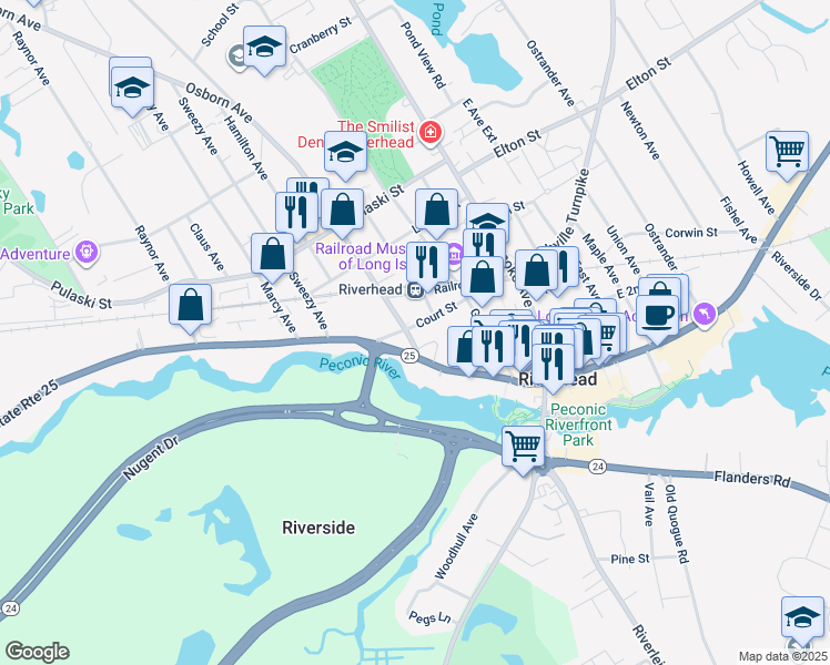 map of restaurants, bars, coffee shops, grocery stores, and more near 130 Osborn Avenue in Riverhead