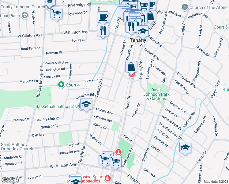 map of restaurants, bars, coffee shops, grocery stores, and more near 91 Franklin Street in Tenafly