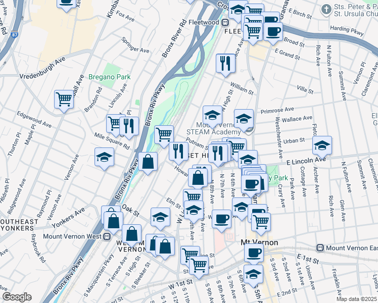 map of restaurants, bars, coffee shops, grocery stores, and more near 333 Locust Street in Mount Vernon