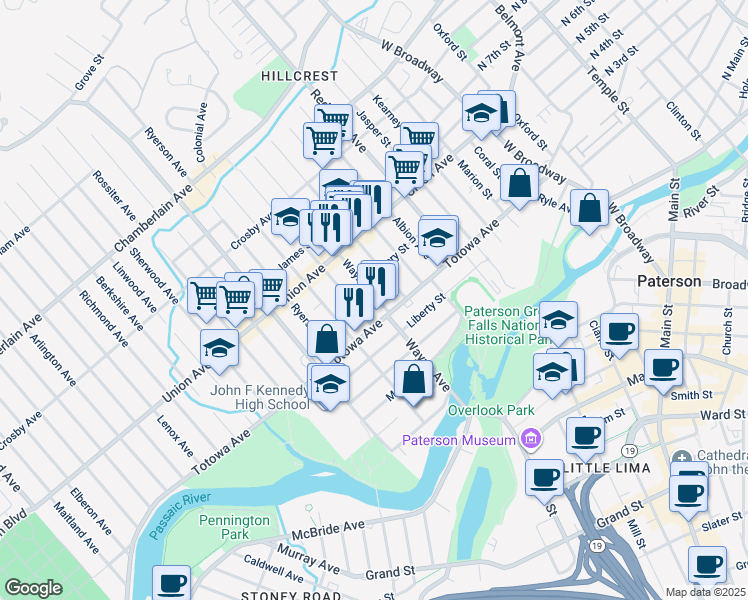 map of restaurants, bars, coffee shops, grocery stores, and more near 113 Wayne Avenue in Paterson