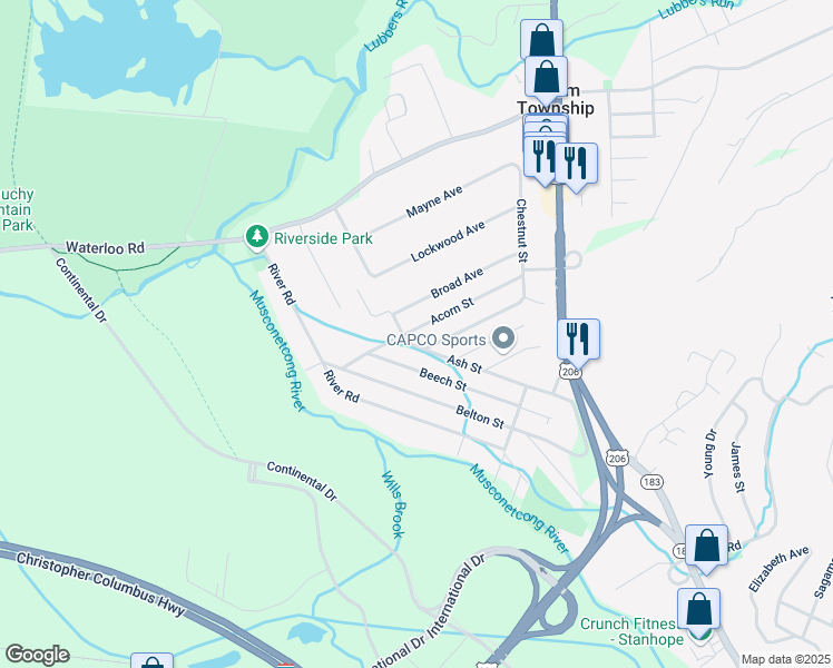 map of restaurants, bars, coffee shops, grocery stores, and more near 29 Acorn Street in Stanhope