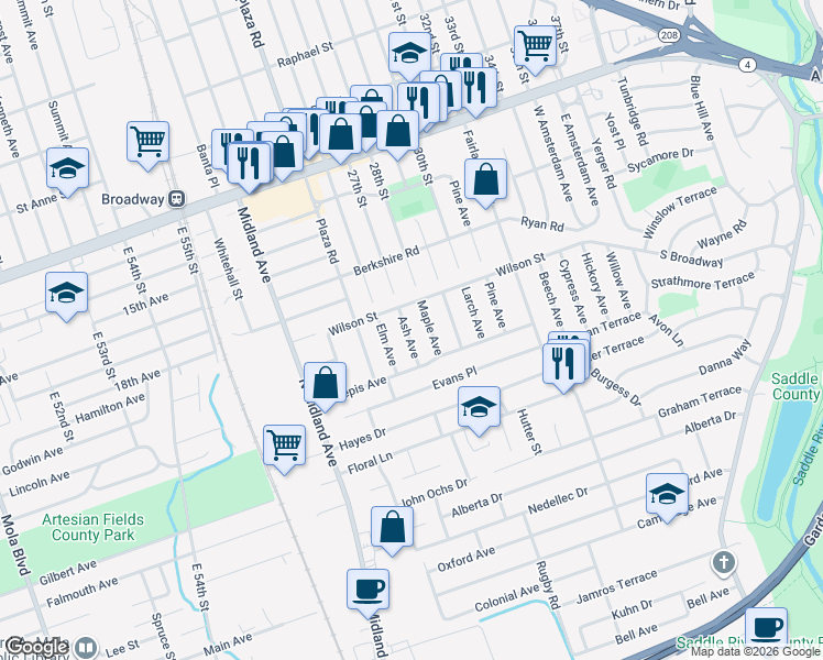 map of restaurants, bars, coffee shops, grocery stores, and more near 596 Ash Ave in Saddle Brook