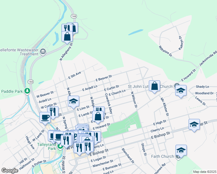 map of restaurants, bars, coffee shops, grocery stores, and more near 381 East Curtin Street in Bellefonte