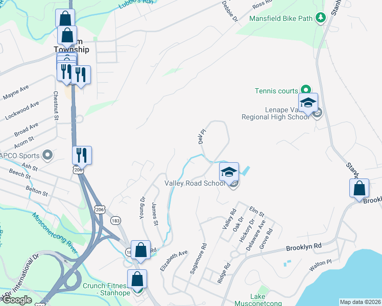 map of restaurants, bars, coffee shops, grocery stores, and more near 8149 Ashland Court in Stanhope