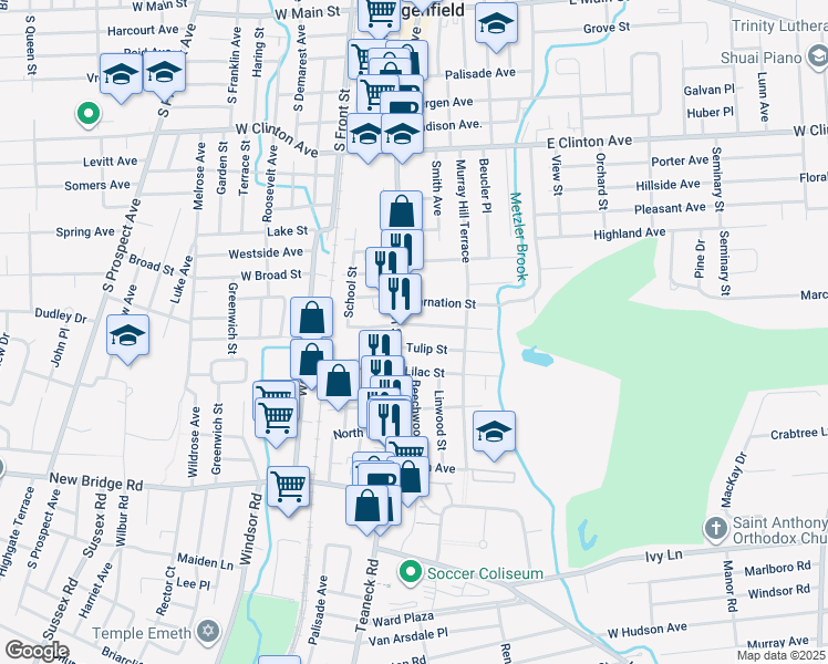 map of restaurants, bars, coffee shops, grocery stores, and more near 10 Magnolia Street in Bergenfield