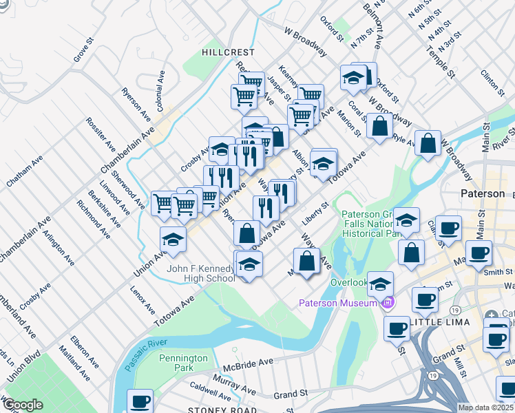 map of restaurants, bars, coffee shops, grocery stores, and more near 37 Manchester Ave in Paterson