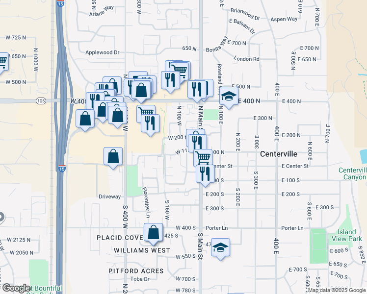 map of restaurants, bars, coffee shops, grocery stores, and more near 88 West 50 South in Centerville
