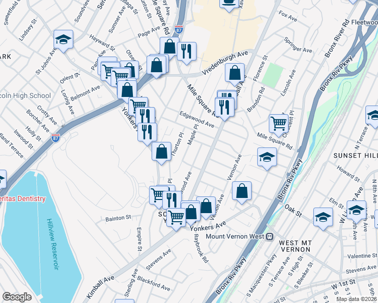 map of restaurants, bars, coffee shops, grocery stores, and more near 58 Maple Place in Yonkers