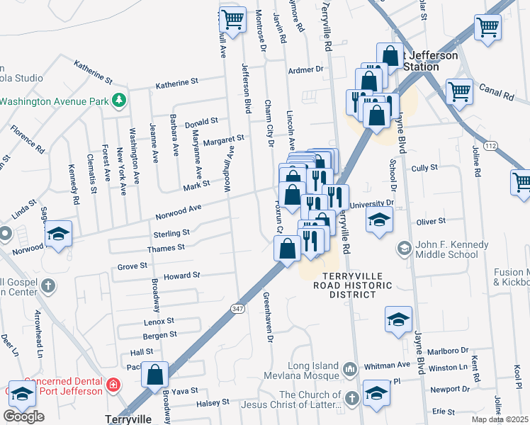 map of restaurants, bars, coffee shops, grocery stores, and more near 6 Country View Lane in Port Jefferson Station