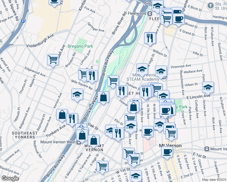 map of restaurants, bars, coffee shops, grocery stores, and more near 300 North MacQuesten Parkway in Mount Vernon