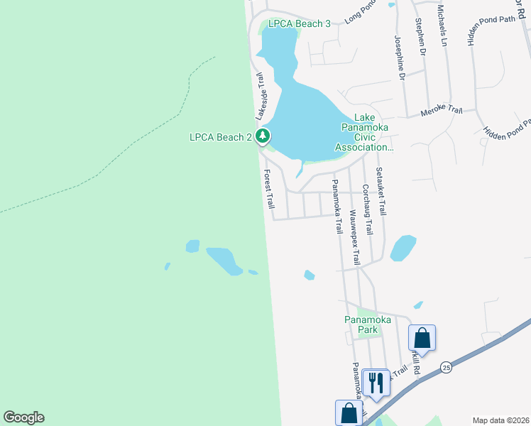 map of restaurants, bars, coffee shops, grocery stores, and more near 38 Forest Trail in Ridge