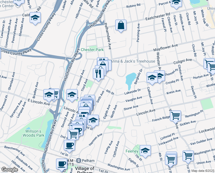 map of restaurants, bars, coffee shops, grocery stores, and more near 512 Sixth Avenue in Village of Pelham