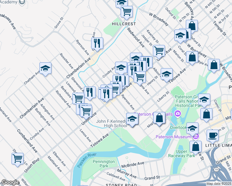 map of restaurants, bars, coffee shops, grocery stores, and more near 289 Union Avenue in Paterson