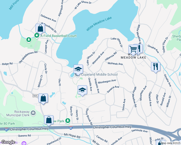 map of restaurants, bars, coffee shops, grocery stores, and more near 119 Lake Shore Drive in Rockaway