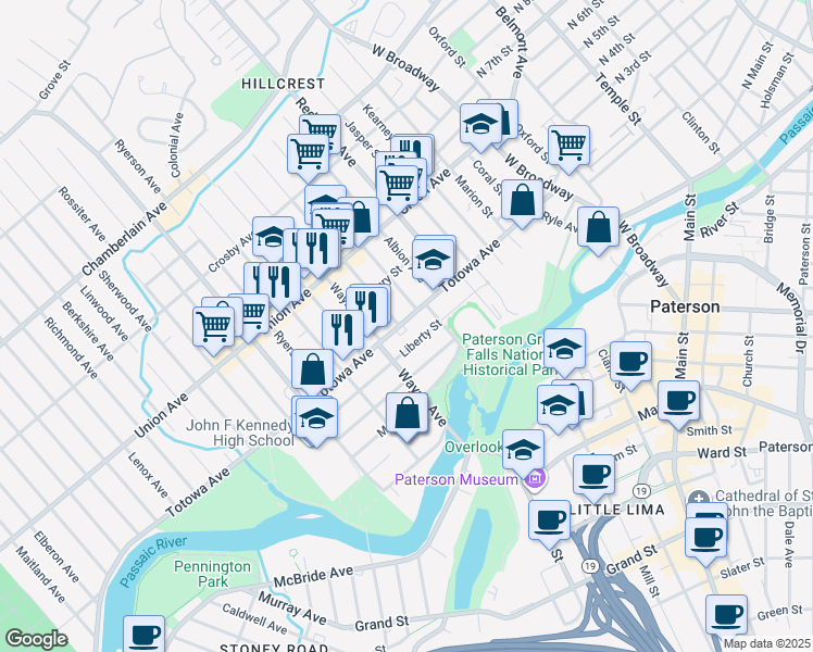 map of restaurants, bars, coffee shops, grocery stores, and more near 388 Totowa Avenue in Paterson