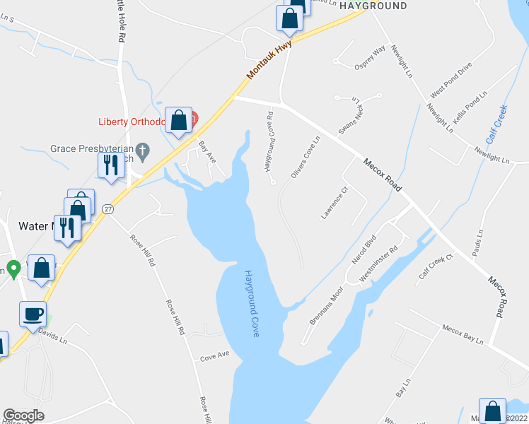 map of restaurants, bars, coffee shops, grocery stores, and more near 146 Olivers Cove Lane in Water Mill