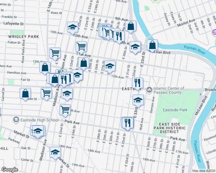 map of restaurants, bars, coffee shops, grocery stores, and more near 635 Broadway in Paterson
