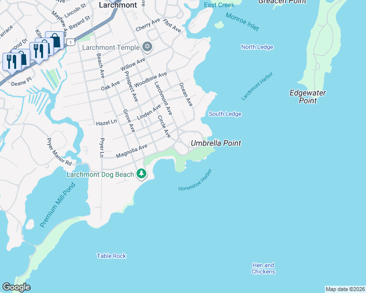 map of restaurants, bars, coffee shops, grocery stores, and more near 10 Circle Avenue in Larchmont