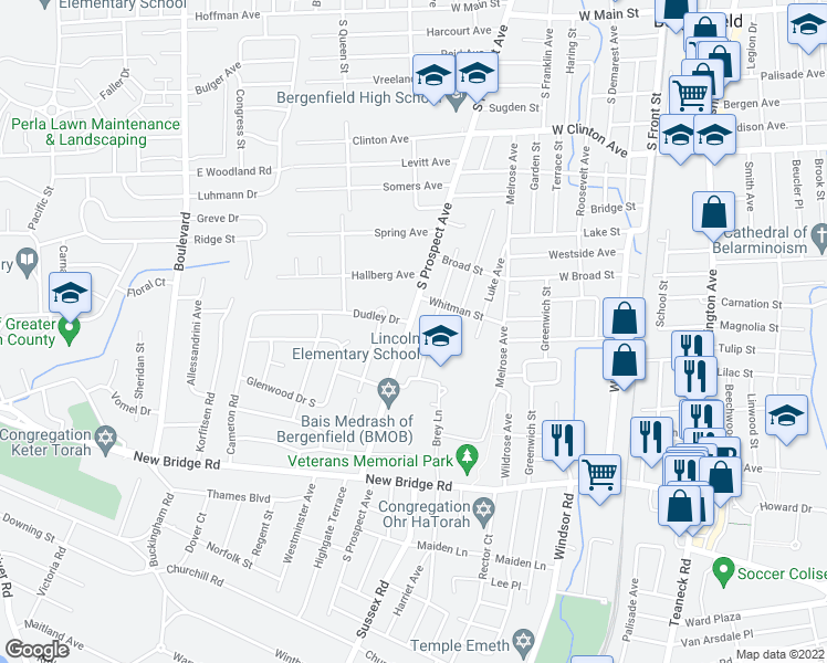 map of restaurants, bars, coffee shops, grocery stores, and more near 297 South Prospect Avenue in Bergenfield