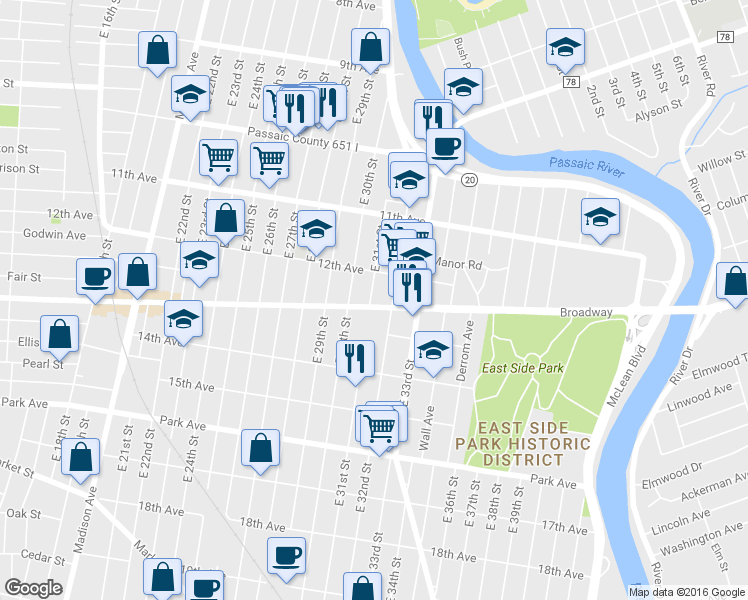 map of restaurants, bars, coffee shops, grocery stores, and more near 695 Broadway in Paterson