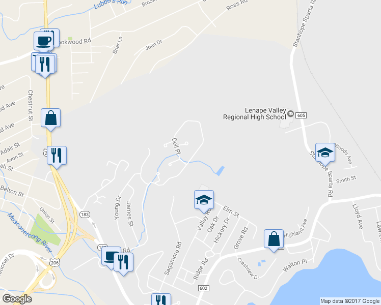 map of restaurants, bars, coffee shops, grocery stores, and more near 18341 Dell Place in Stanhope