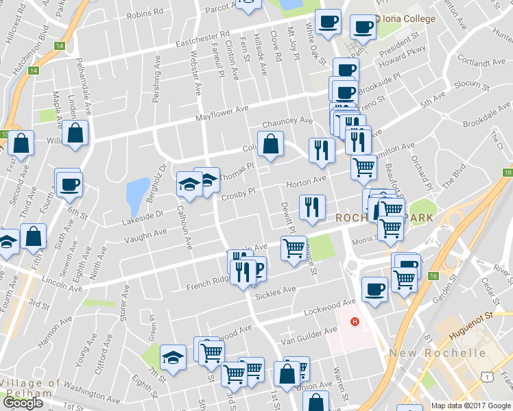 map of restaurants, bars, coffee shops, grocery stores, and more near 56 Clinton Avenue in New Rochelle