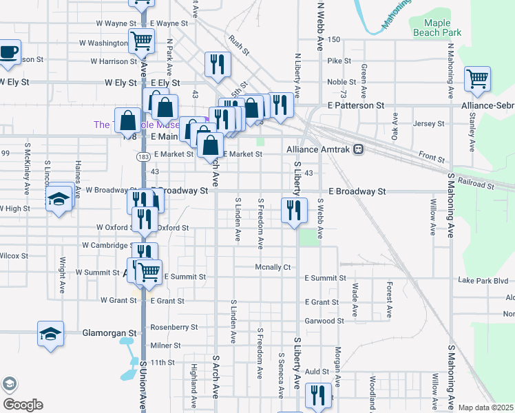 map of restaurants, bars, coffee shops, grocery stores, and more near 347 South Freedom Avenue in Alliance
