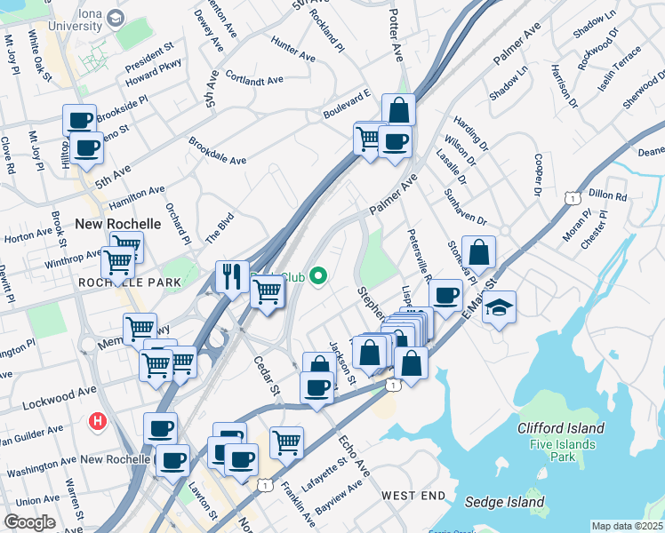 map of restaurants, bars, coffee shops, grocery stores, and more near 22 Acorn Terrace in New Rochelle