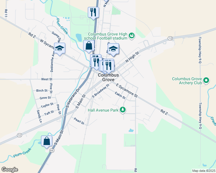 map of restaurants, bars, coffee shops, grocery stores, and more near 108 S Broadway St in Columbus Grove