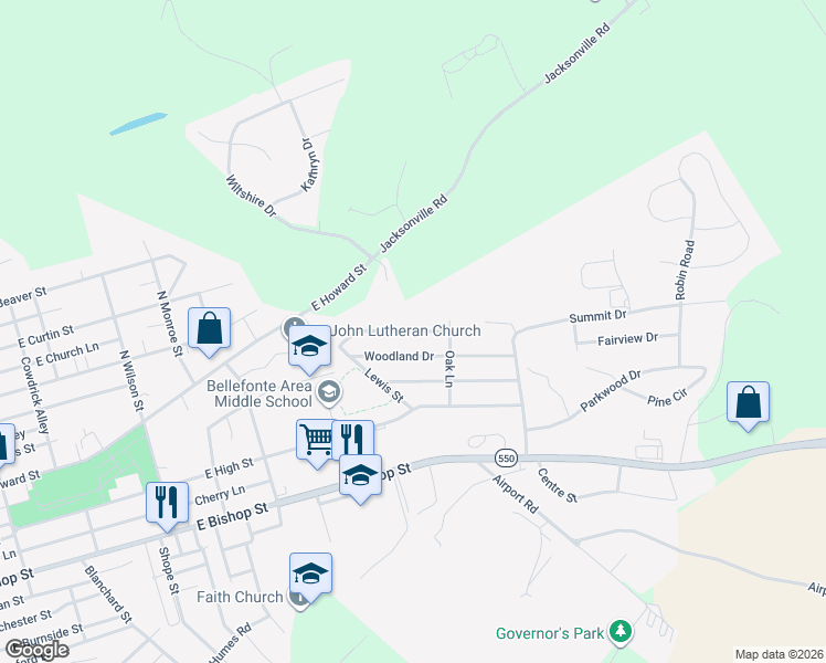 map of restaurants, bars, coffee shops, grocery stores, and more near 999 Shady Ln in Bellefonte