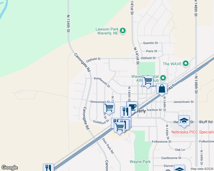 map of restaurants, bars, coffee shops, grocery stores, and more near 13730 Kenilworth Street in Waverly
