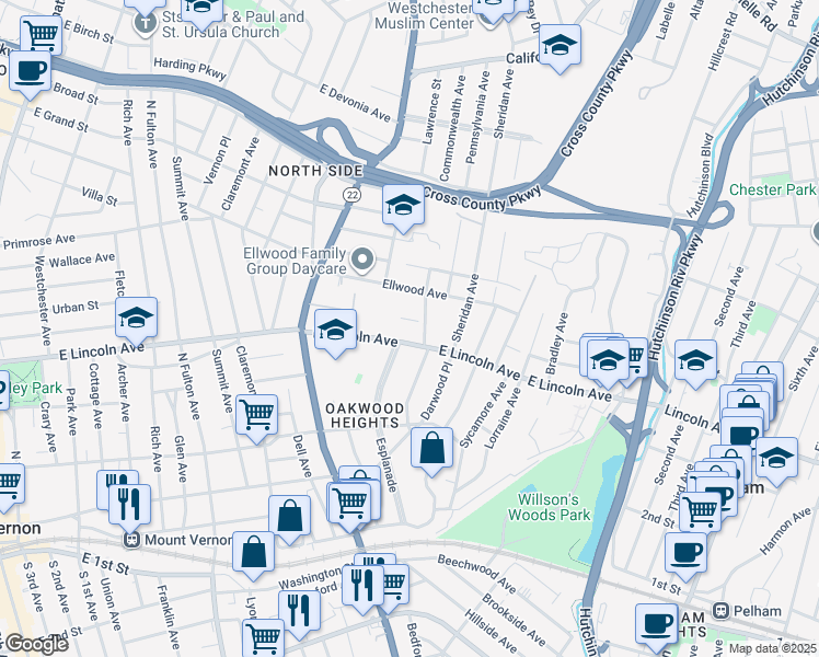 map of restaurants, bars, coffee shops, grocery stores, and more near 505 East Lincoln Avenue in Mount Vernon