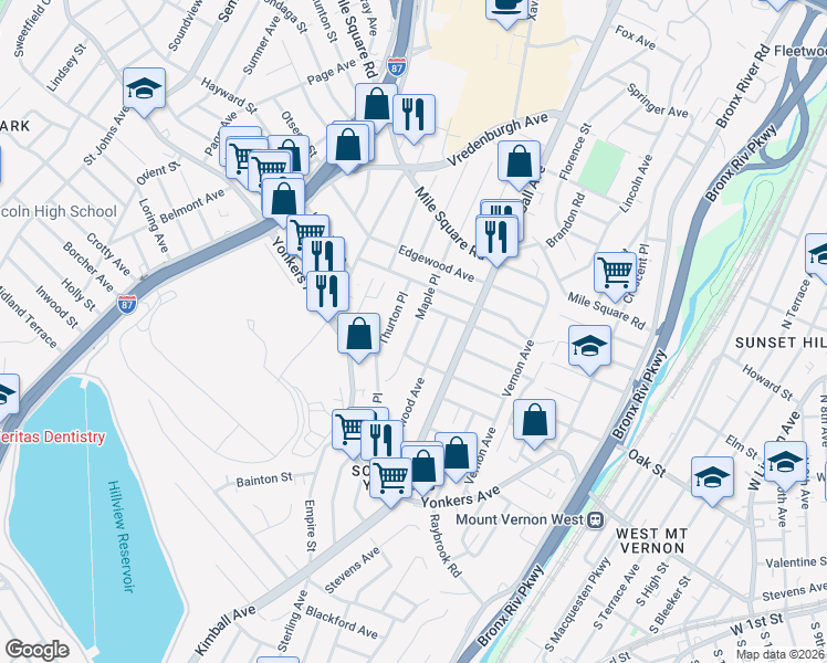 map of restaurants, bars, coffee shops, grocery stores, and more near 58 Maple Place in Yonkers